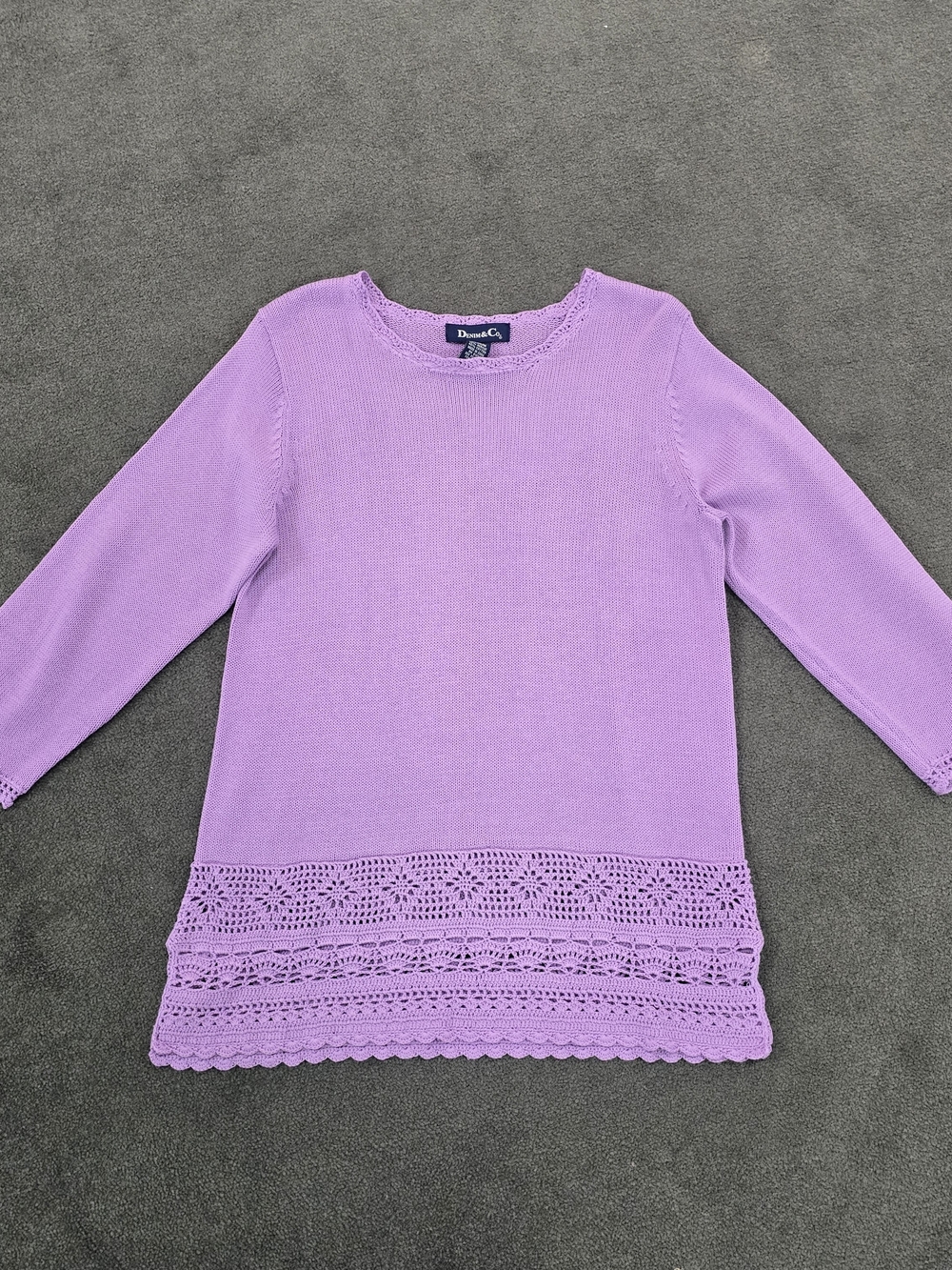 Denim & Co Purple Crochet Hem 3/4 Sleeve Knit Sweater Top Size M
